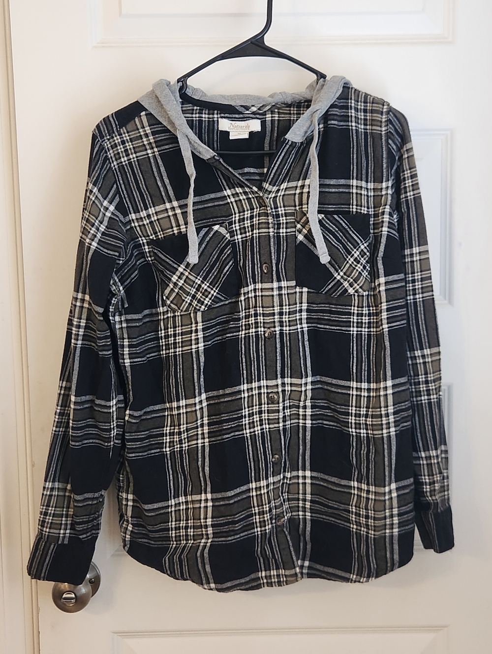 Natural Reflections Shirt Hoodie Womens Size M Black Plaid Button Up‎ #N1242